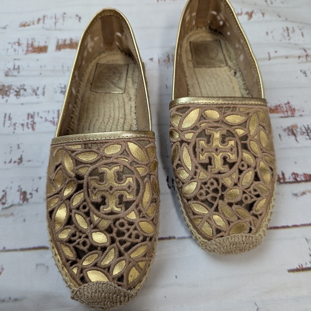 Tory Burch Gold Lace Espadrille Slip On Flatts - Picture 2 of 8
